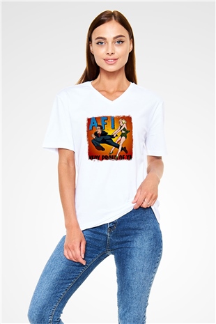 Afi Baskılı Unisex Beyaz V Yaka Tişört