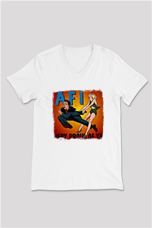 Afi Baskılı Unisex Beyaz V Yaka Tişört