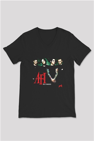 Afi Baskılı Unisex Siyah V Yaka Tişört