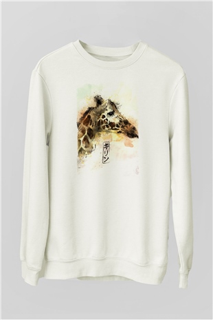 Afrika Zürafa Baskılı Unisex Beyaz  Sweatshirt