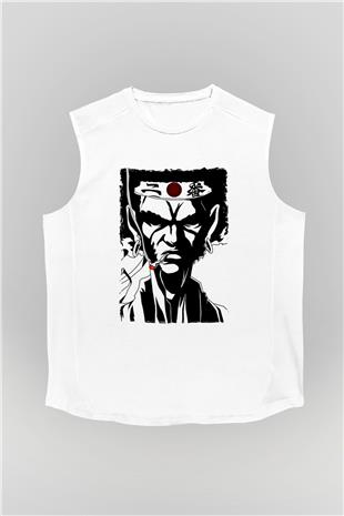Afro Samurai Baskılı Beyaz Unisex Kolsuz Tişört - Tshirt