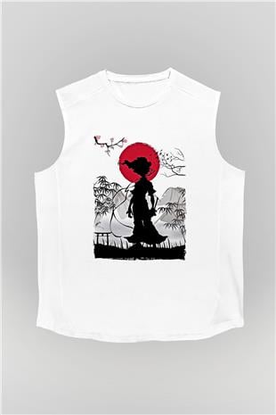 Afro Samurai Baskılı Beyaz Unisex Kolsuz Tişört - Tshirt