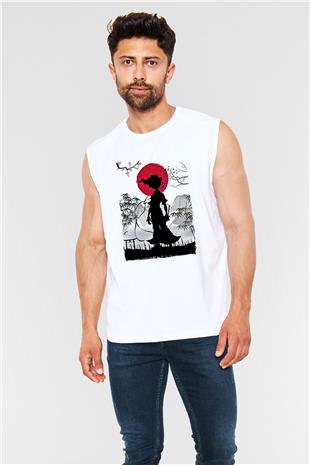 Afro Samurai Baskılı Beyaz Unisex Kolsuz Tişört - Tshirt