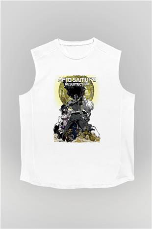 Afro Samurai Baskılı Beyaz Unisex Kolsuz Tişört - Tshirt