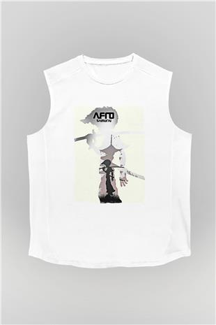Afro Samurai Baskılı Beyaz Unisex Kolsuz Tişört - Tshirt