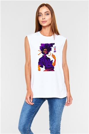 Afro Samurai Baskılı Beyaz Unisex Kolsuz Tişört - Tshirt