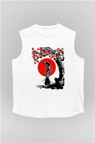 Afro Samurai Baskılı Beyaz Unisex Kolsuz Tişört - Tshirt