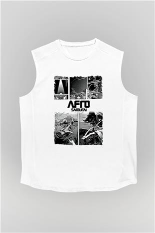 Afro Samurai Baskılı Beyaz Unisex Kolsuz Tişört - Tshirt