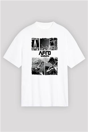 Afro Samurai Baskılı Beyaz Unisex Oversize Tişört - Tshirt