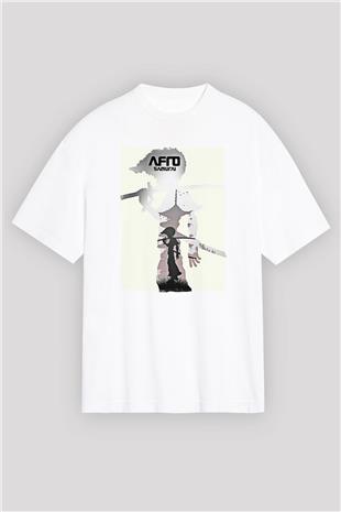 Afro Samurai Baskılı Beyaz Unisex Oversize Tişört - Tshirt