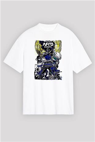 Afro Samurai Baskılı Beyaz Unisex Oversize Tişört - Tshirt