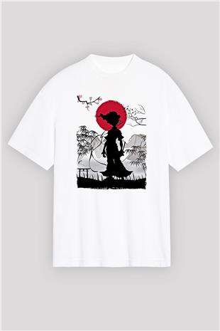 Afro Samurai Baskılı Beyaz Unisex Oversize Tişört - Tshirt
