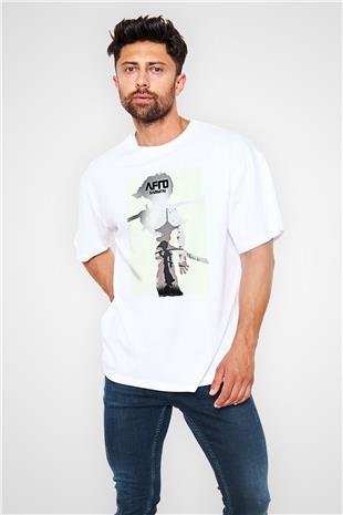 Afro Samurai Baskılı Beyaz Unisex Oversize Tişört - Tshirt