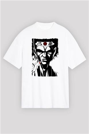 Afro Samurai Baskılı Beyaz Unisex Oversize Tişört - Tshirt