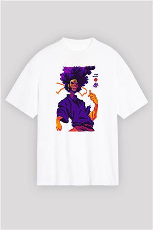 Afro Samurai Baskılı Beyaz Unisex Oversize Tişört - Tshirt