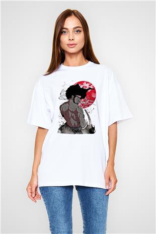 Afro Samurai Baskılı Beyaz Unisex Oversize Tişört - Tshirt