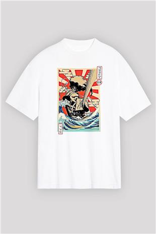 Afro Samurai Baskılı Beyaz Unisex Oversize Tişört - Tshirt
