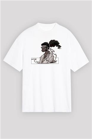 Afro Samurai Baskılı Beyaz Unisex Oversize Tişört - Tshirt