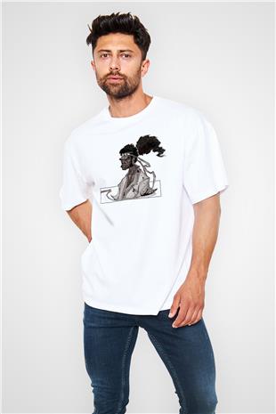 Afro Samurai Baskılı Beyaz Unisex Oversize Tişört - Tshirt