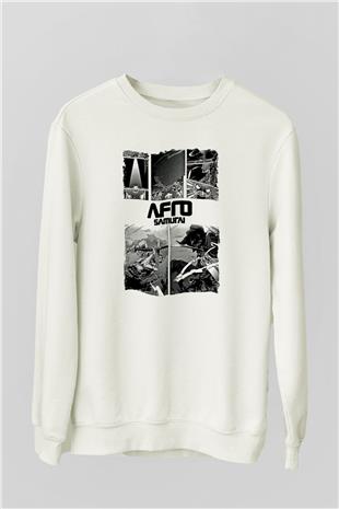 Afro Samurai Baskılı Beyaz Unisex Sweatshirt