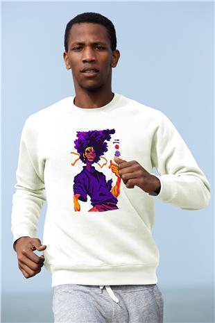 Afro Samurai Baskılı Beyaz Unisex Sweatshirt