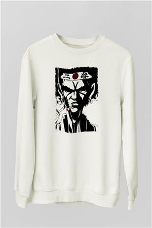 Afro Samurai Baskılı Beyaz Unisex Sweatshirt