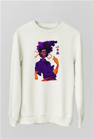 Afro Samurai Baskılı Beyaz Unisex Sweatshirt