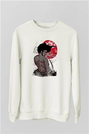 Afro Samurai Baskılı Beyaz Unisex Sweatshirt