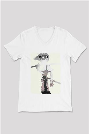Afro Samurai Baskılı Beyaz Unisex V Yaka Tişört - Tshirt
