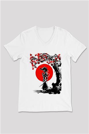 Afro Samurai Baskılı Beyaz Unisex V Yaka Tişört - Tshirt