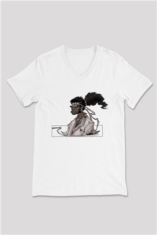 Afro Samurai Baskılı Beyaz Unisex V Yaka Tişört - Tshirt