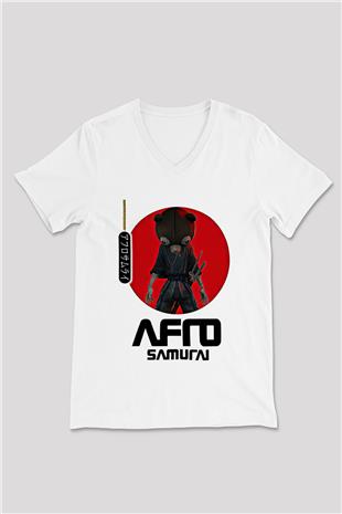 Afro Samurai Baskılı Beyaz Unisex V Yaka Tişört - Tshirt