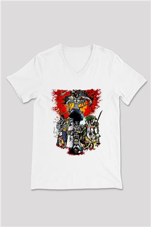 Afro Samurai Baskılı Beyaz Unisex V Yaka Tişört - Tshirt