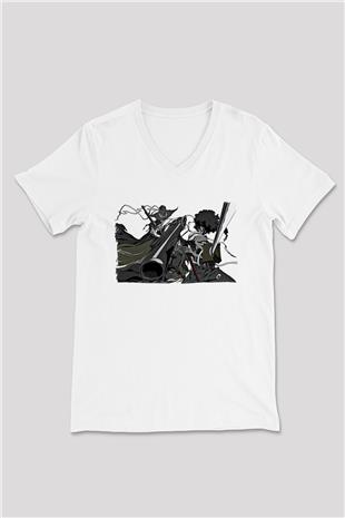 Afro Samurai Baskılı Beyaz Unisex V Yaka Tişört - Tshirt