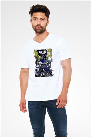 Afro Samurai Baskılı Beyaz Unisex V Yaka Tişört - Tshirt