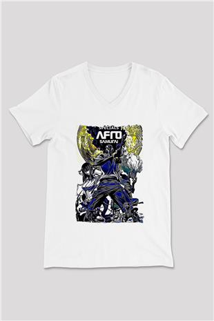 Afro Samurai Baskılı Beyaz Unisex V Yaka Tişört - Tshirt