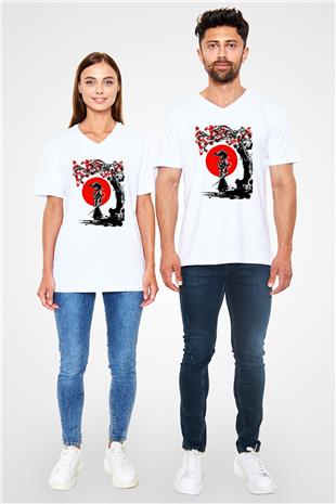 Afro Samurai Baskılı Beyaz Unisex V Yaka Tişört - Tshirt