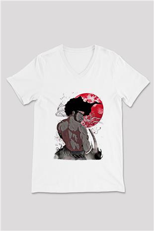 Afro Samurai Baskılı Beyaz Unisex V Yaka Tişört - Tshirt