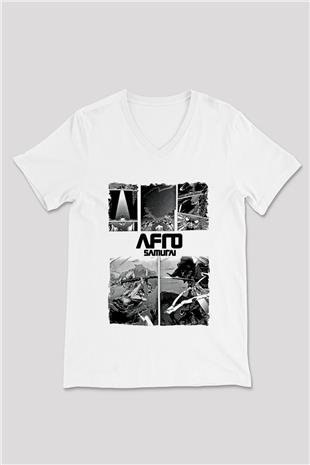 Afro Samurai Baskılı Beyaz Unisex V Yaka Tişört - Tshirt