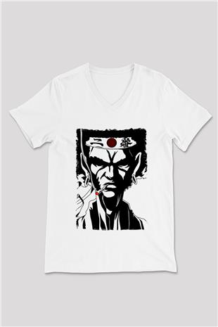 Afro Samurai Baskılı Beyaz Unisex V Yaka Tişört - Tshirt