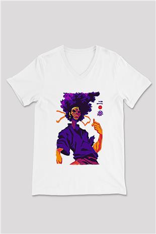 Afro Samurai Baskılı Beyaz Unisex V Yaka Tişört - Tshirt