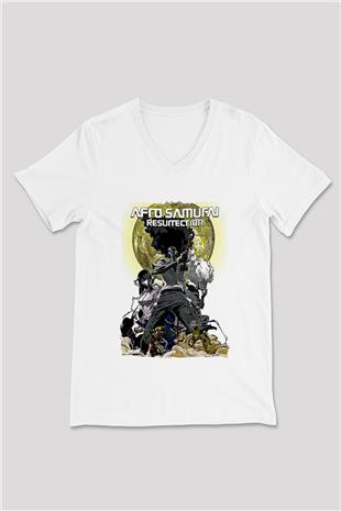 Afro Samurai Baskılı Beyaz Unisex V Yaka Tişört - Tshirt