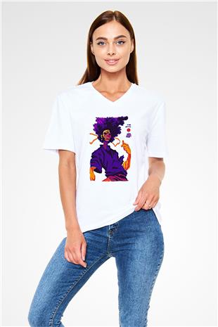 Afro Samurai Baskılı Beyaz Unisex V Yaka Tişört - Tshirt