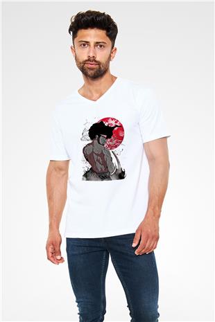 Afro Samurai Baskılı Beyaz Unisex V Yaka Tişört - Tshirt