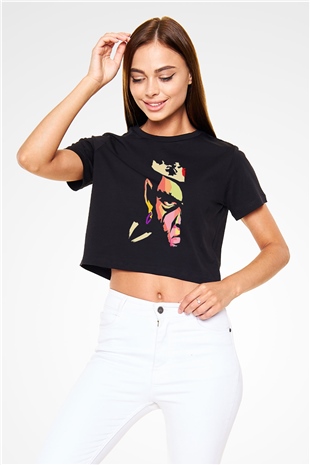 Afro Samurai Baskılı Siyah Crop Top Kadın Tişört - Tshirt