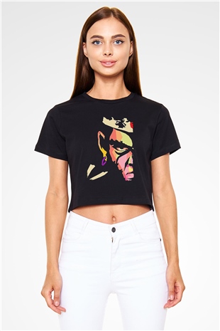 Afro Samurai Baskılı Siyah Crop Top Kadın Tişört - Tshirt