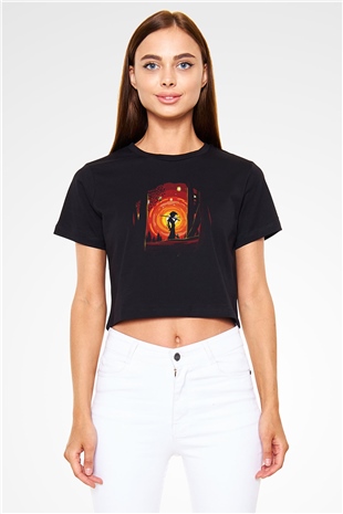 Afro Samurai Baskılı Siyah Crop Top Kadın Tişört - Tshirt