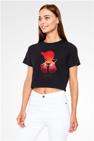 Afro Samurai Baskılı Siyah Crop Top Kadın Tişört - Tshirt