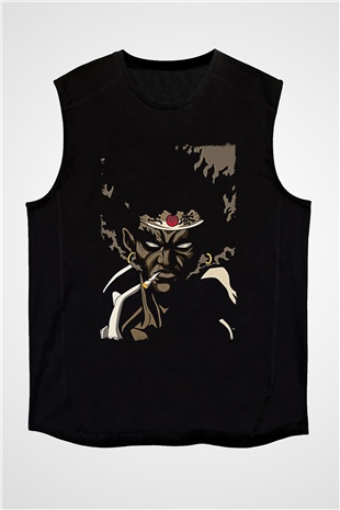 Afro Samurai Baskılı Unisex Siyah Kolsuz Tişört - Tshirt