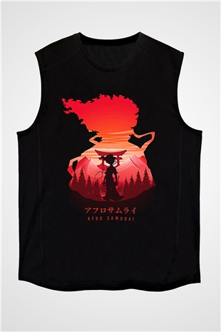 Afro Samurai Baskılı Unisex Siyah Kolsuz Tişört - Tshirt